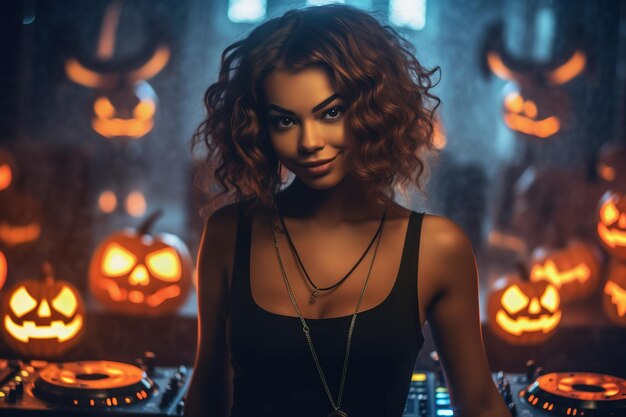 Afroamerikanische weibliche DJ, die eine Halloween-Party verzaubert