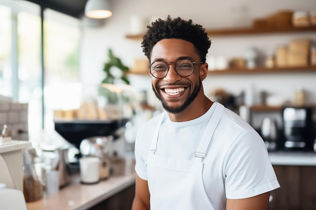 Afroamerikanischer Barista trägt Schürze und arbeitet an der Theke im Café drinnen