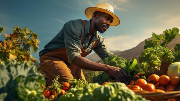 Afroamerikanischer Bauer mit Herbsterntegemüse