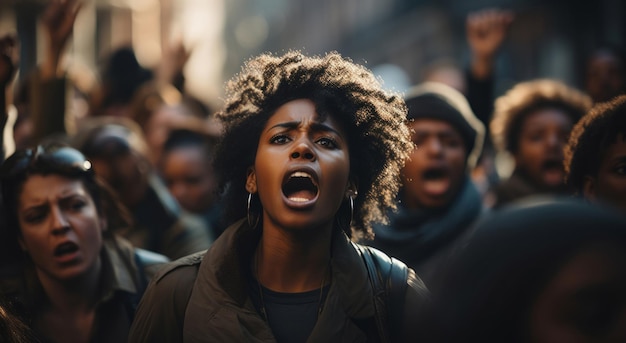 Afroamerikanischer Demonstrant schreit in der Menge Menschenrechtsaktivismus-Konzept