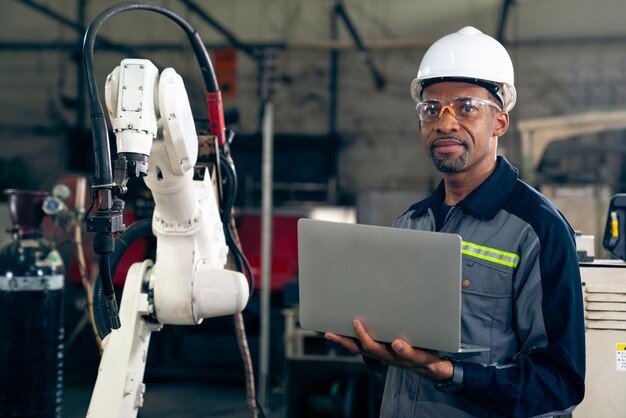 Afroamerikanischer Fabrikarbeiter, der mit einem geschickten Roboterarm arbeitet