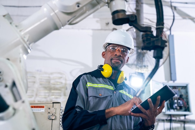 Afroamerikanischer Fabrikarbeiter, der mit einem geschickten Roboterarm arbeitet