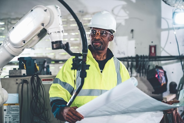 Afroamerikanischer Fabrikarbeiter, der mit einem geschickten Roboterarm arbeitet