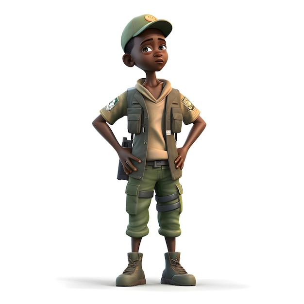 Foto afroamerikanischer junge als soldat verkleidet 3d-illustration