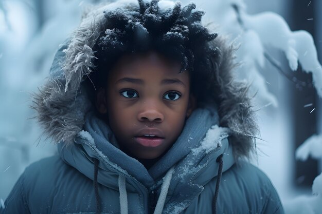 Afroamerikanischer Junge, der sich am Winterabend im Wald verirrt hat, erzeugte durch ein neuronales Netzwerk ein fotorealistisches Bild