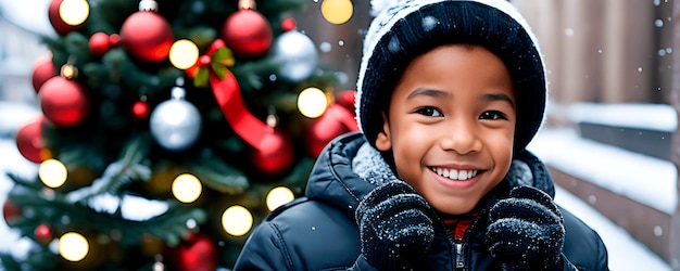 Afroamerikanischer Junge im Freien mit einem verschwommenen Weihnachtsbaum im Hintergrund