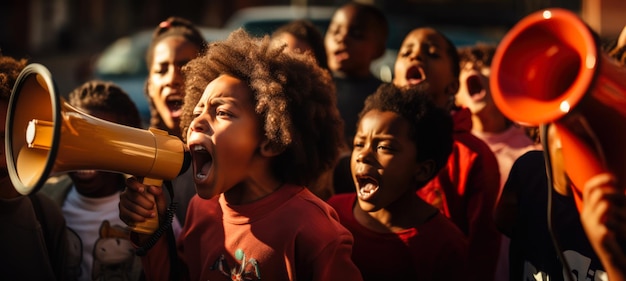 Afroamerikanischer Junge schreit aus Protest mit einem Megaphon
