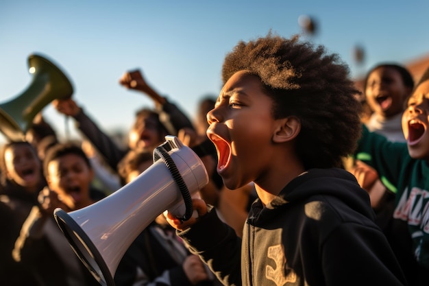 Afroamerikanischer Junge schreit aus Protest mit einem Megaphon