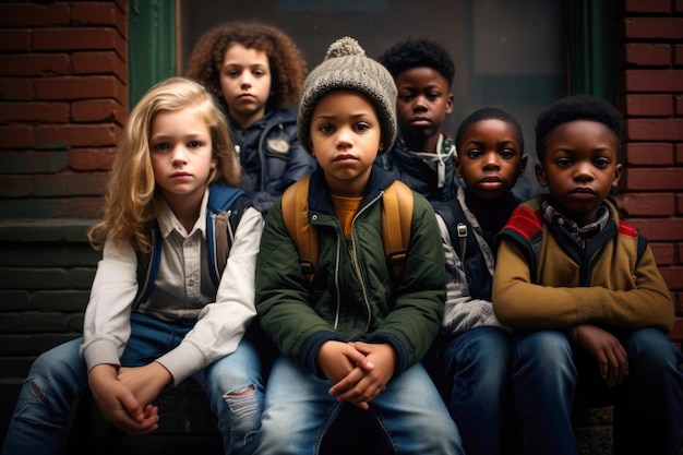 Afroamerikanischer Junge steht still und protestiert mit seinen Schulkameraden gegen Rassismus in der Schule