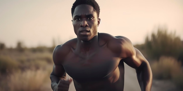 Afroamerikanischer männlicher Athlet, der im Freien sprintet und einen gesunden Lebensstil annimmt Generative KI