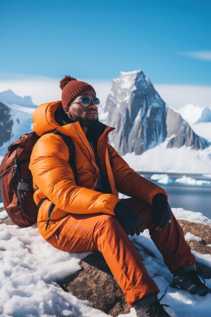 Afroamerikanischer Mann, der allein in Kanada reist. Porträt mit See und Bergen im Hintergrund. Er trägt gelbe Jacke und Rucksack