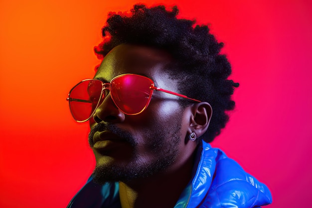 Afroamerikanischer Mann mit Sonnenbrille und Neonlicht