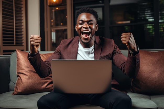 Afroamerikanischer schwarzer Mann feiert etwas Laptop, gewinnt eine Wette und verdient online Geld