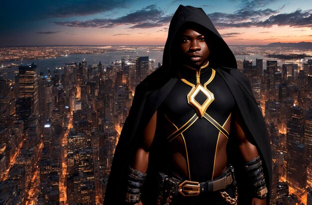 Afroamerikanischer Superheld Porträt eines schwarzen Mannes in fantastischem Kostüm Generative KI
