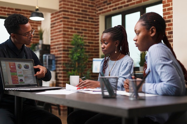 Afroamerikanischer Teamleiter der Entwicklungsabteilung, der die Mitarbeiter über den Geschäftsplan informiert. Mitarbeiter eines Marketingunternehmens, der die Arbeitsrichtlinien der Mitarbeiter und das neue jährliche Ausgabenbudget vorstellt.