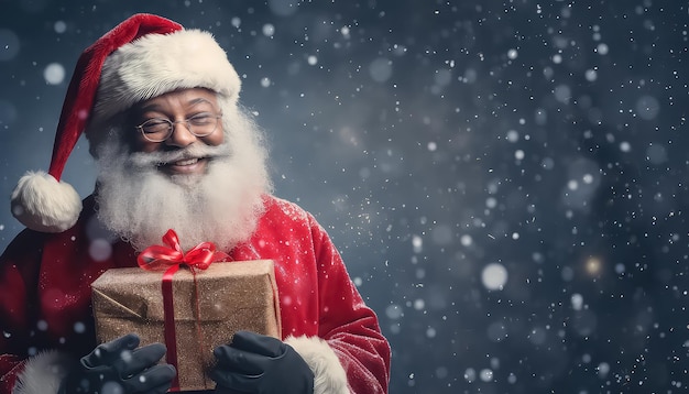 Afroamerikanischer Weihnachtsmann hält Geschenkbox in den Händen im Schnee