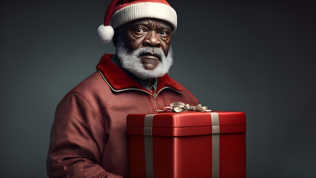 Afroamerikanischer Weihnachtsmann mit Geschenkbox, nahes Porträt mit Rembrandt-Beleuchtung, neuronalem Netzwerk, generierter Kunst
