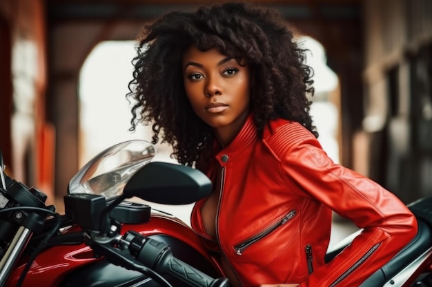 Afroamerikanisches Biker-Mädchen in roter Lederjacke auf einem Motorrad. Generative KI