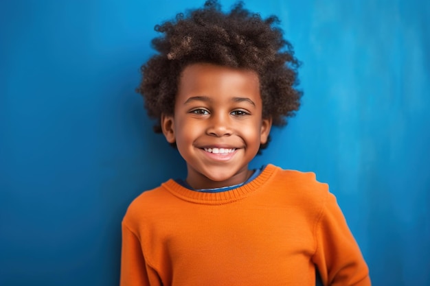 Afroamerikanisches Kind auf blauem Studiohintergrund, schwarzes Kinderporträt, generative KI