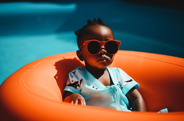 Afroamerikanisches Kind mit Sonnenbrille, das in einer orangefarbenen Matratze an einem Hotelpool schwimmt