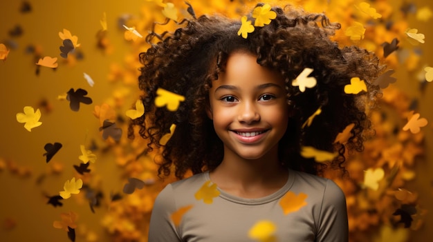 Afroamerikanisches Mädchen feiert den Dankestag Gelber Hintergrund