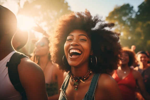 Afroamerikanisches Mädchen genießt ein Musikfestival mit Freunden