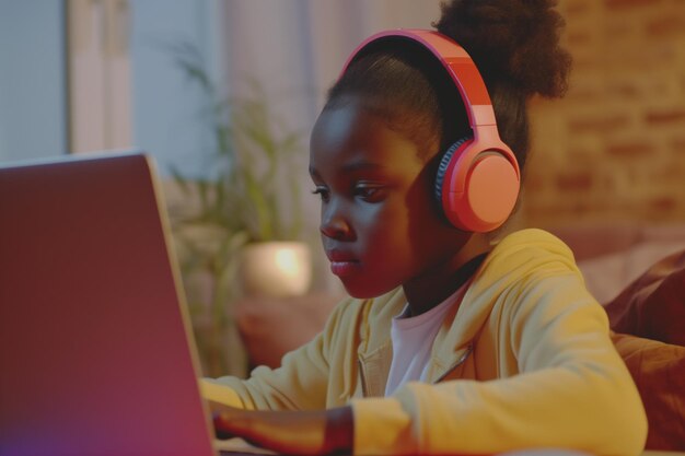 Afroamerikanisches Mädchen mit Kopfhörern, das mit einem Laptop aus der Ferne lernt