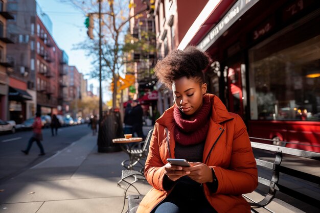 Afroamerikanisches Mädchen schaut auf der Straße auf ihr Smartphone