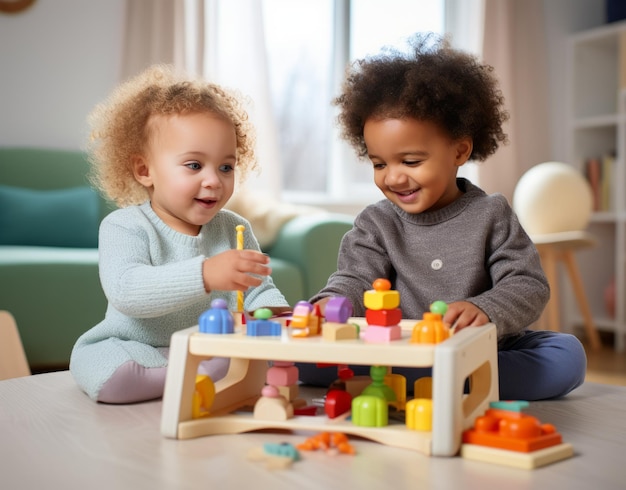 afroamerikanisches Mädchen und Junge spielen mit Blöcken am Tisch zu Hause