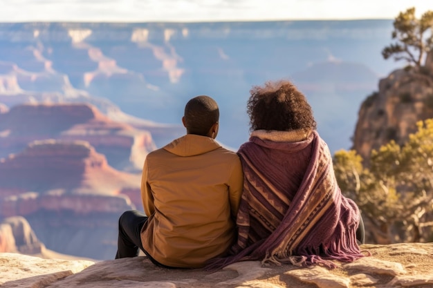 Afroamerikanisches Paar sitzt am Rande des Grand Canyon National Park USA Generative KI