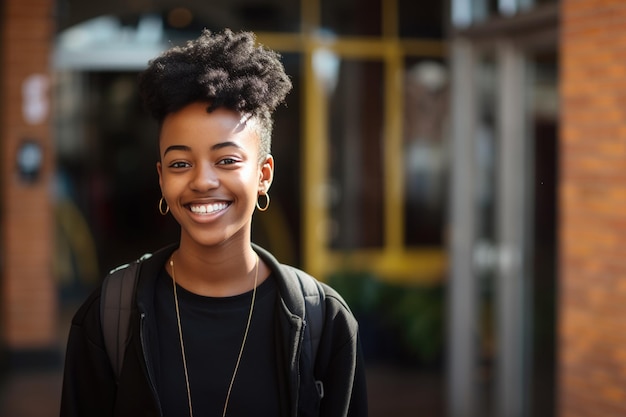 Foto afroamerikanisches studentenmädchen in sweatshirt trägt einen rucksack auf dem spielplatz der highschool