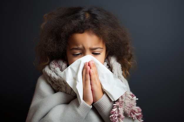 Foto afroamerikanisches vorschulmädchen mit grippe putzt sich mit einem taschentuch die nase