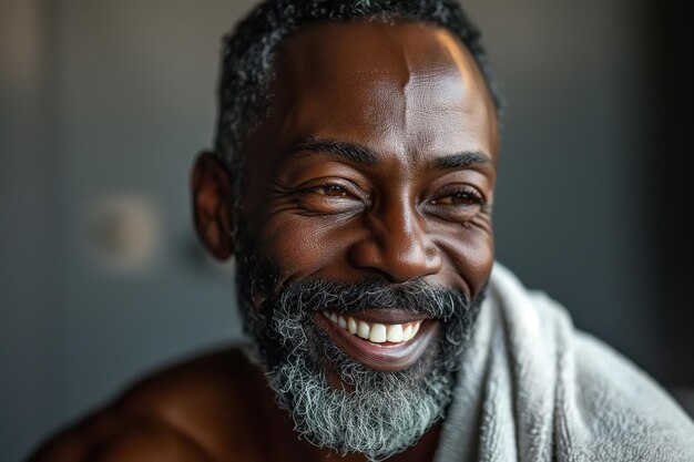 Afrodescendiente feliz y sonriente hombre barbudo de mediana edad con toalla en el baño o spa