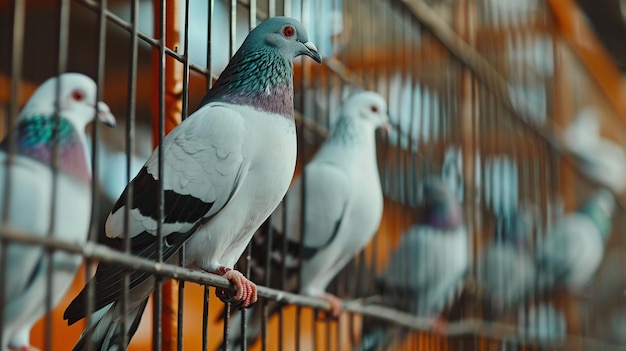 Foto afsan grizel pigeon em uma gaiola cor branca e preta estes são pombos de corrida generative ai