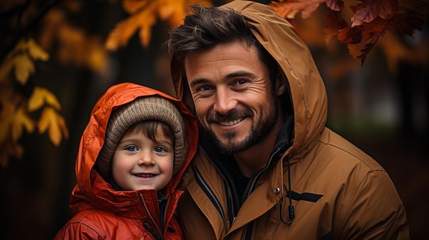 Afuera en el otoño un padre y su bebé xA