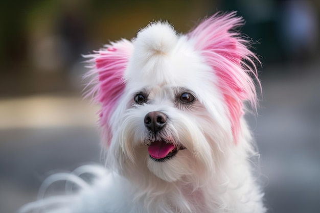 Afuera, un perro blanco y rosa con cosméticos.