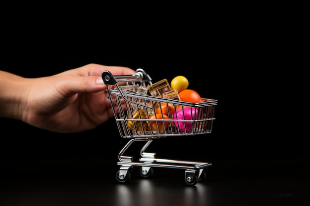 Agarrar la vista frontal de la mano de un mini carrito sobre un fondo negro hace pensar en las compras