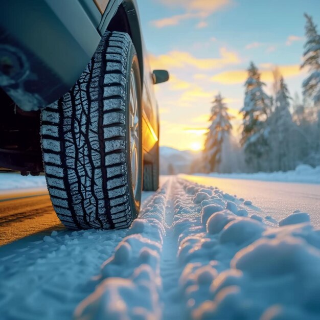 El agarre helado del neumático de invierno en una carretera nevada mejora la seguridad de la conducción para las redes sociales