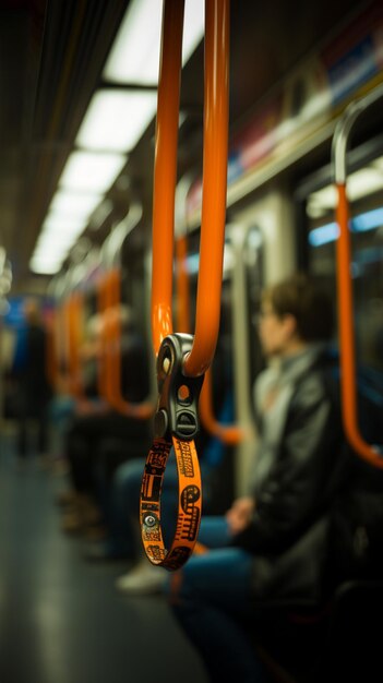 Agarre seguro en el metro Correa de agarre borrosa que destaca la seguridad en el transporte público Vertical M