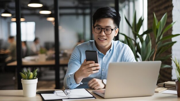 Foto agência criativa óculos inteligentes homem asiático roupa formal conversa com smartphone trabalho freelance