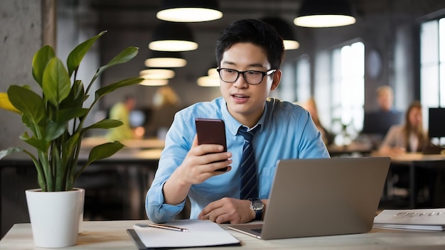 Foto agência criativa óculos inteligentes homem asiático roupa formal conversa com smartphone trabalho freelance