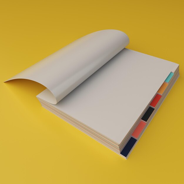 Foto agenda 3d, caderno com etiquetas e marcador.