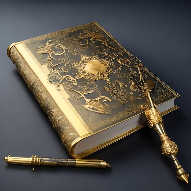 Agenda de libro intrincada con bolígrafo dorado