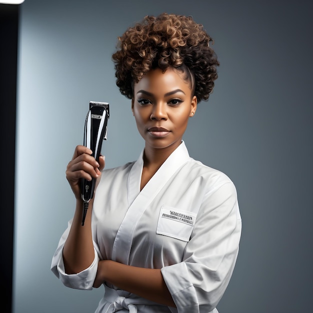 Agente de barbería mujer negra con cortadoras en la mano