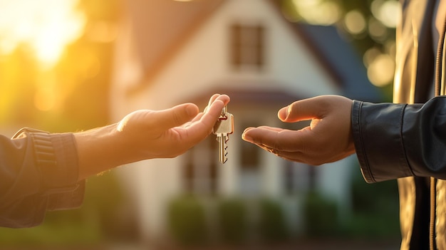 Agente de bienes raíces entregando llaves al nuevo propietario frente a la nueva casa Creado con tecnología de IA generativa