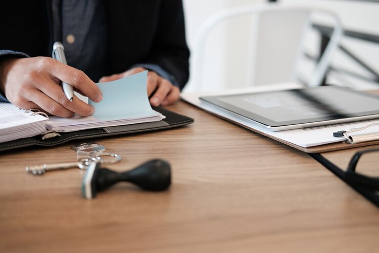Agente de bienes raíces con estampador y llave de la casa, comprando propiedades inmobiliarias en alquiler,