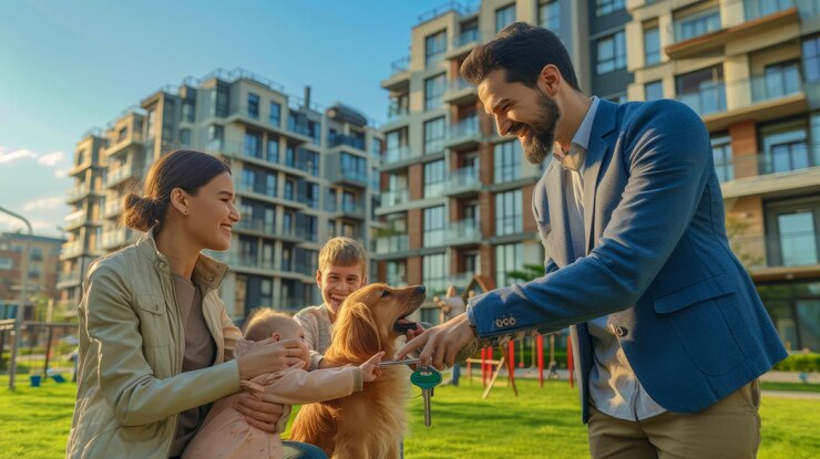 un agente de bienes raíces masculino entrega las llaves de un nuevo apartamento a una pareja joven con un niño y un perro