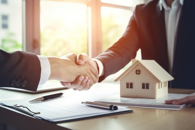 Agente de bienes raíces o corredor de bienes raíces que firma un acuerdo de hipoteca para una nueva casa IA generativa