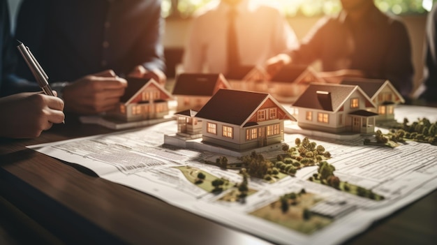 agente y cliente comprador firman contrato de hipoteca Casa modelo con agente de apartamento para concepto de seguro de hogar inmobiliario