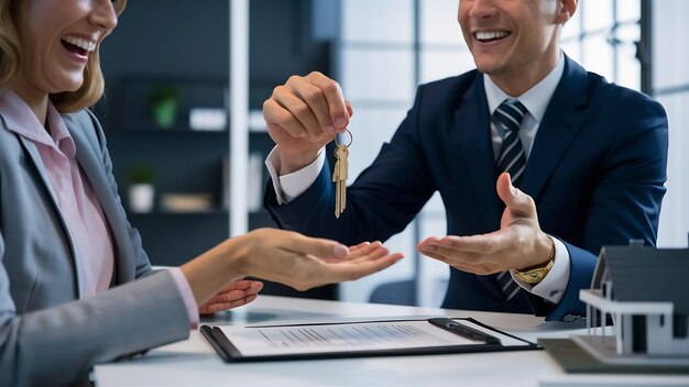 Foto agente corretor dando chaves da casa ao cliente após a assinatura do contrato de contrato de propriedade com aprovado